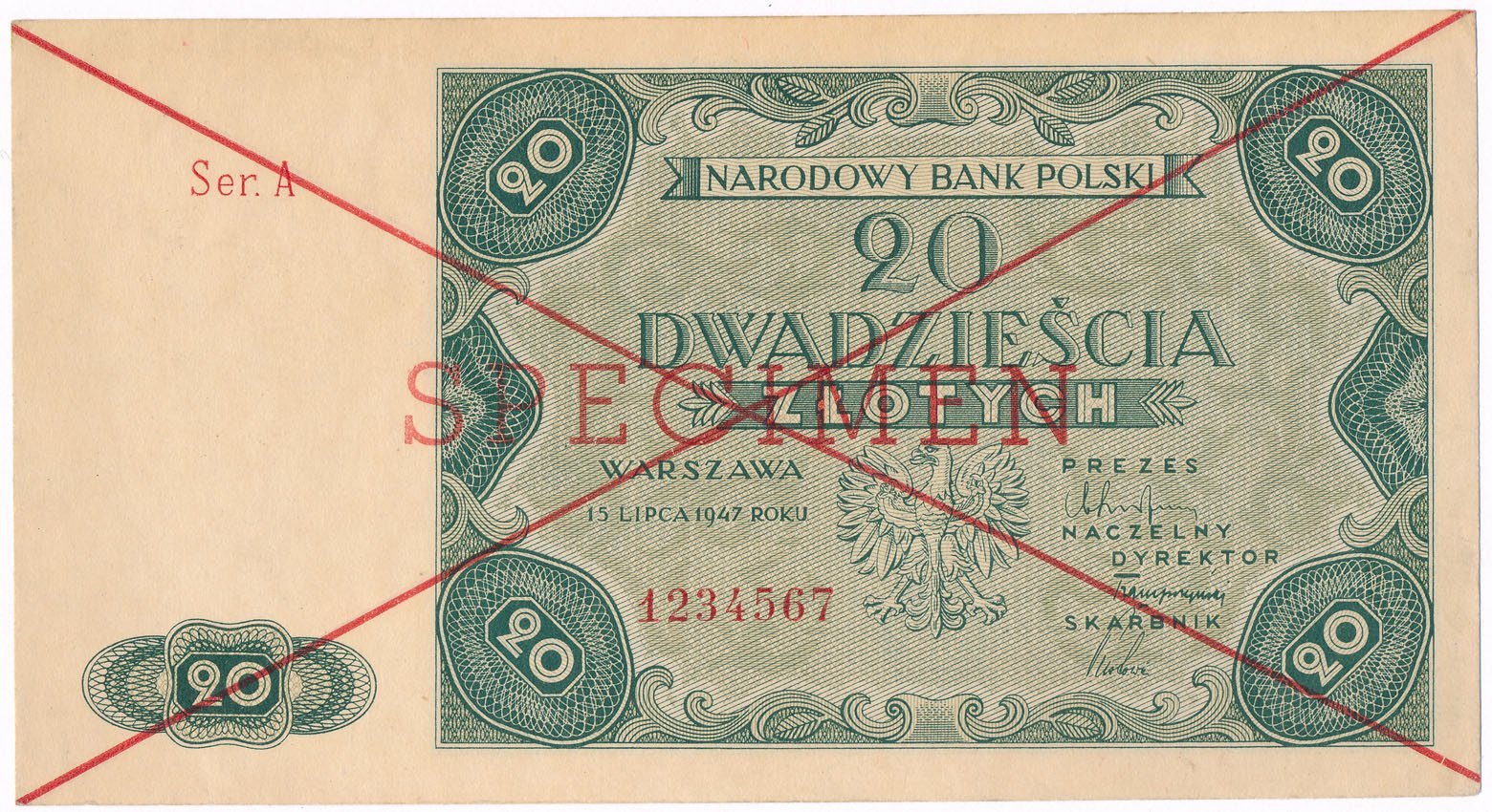 WZÓR / SPECIMEN 20 złotych 1947 seria A, RZADKOŚĆ